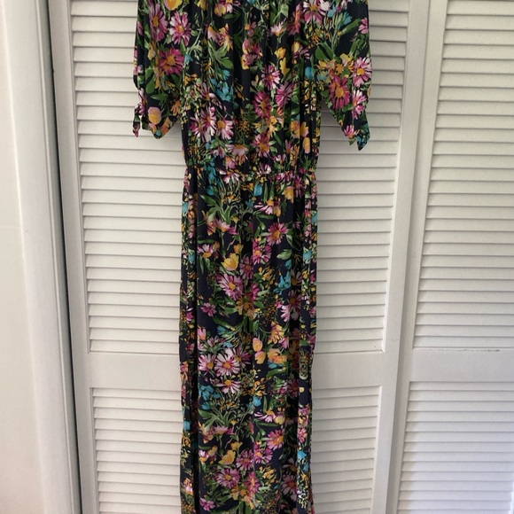 Women's Titi Floral Print on Black, Soft Maxi Dress With Side Slits, Size Small - Picture 5 of 6
